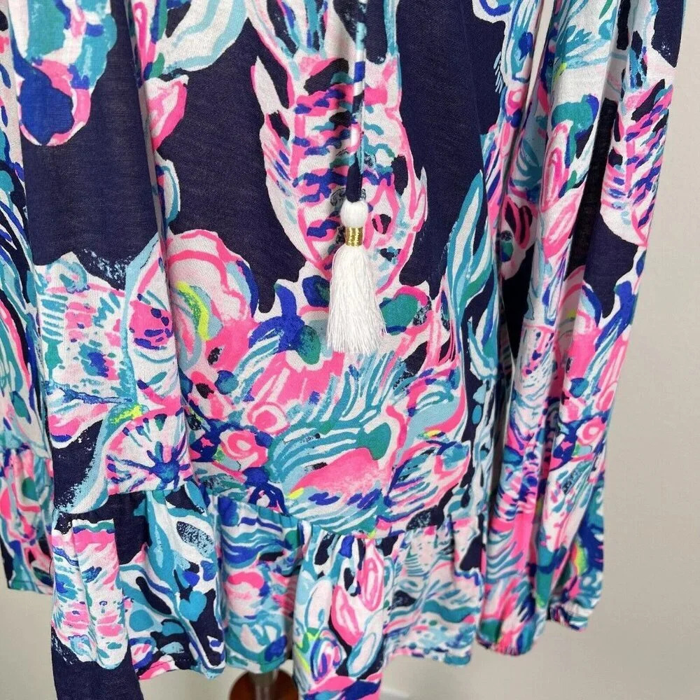 Lilly Pulitzer Top Blouse Size XS Blue Pink Long Sleeve Beach Tropical Fish - Picture 10 of 14